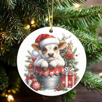 Adorable Calf in Santa Hat Ceramic Ornament, Baby Cow Christmas Ornament, Farmhouse Animal Holiday Ornament, Tree Decor Present for Animal Lovers