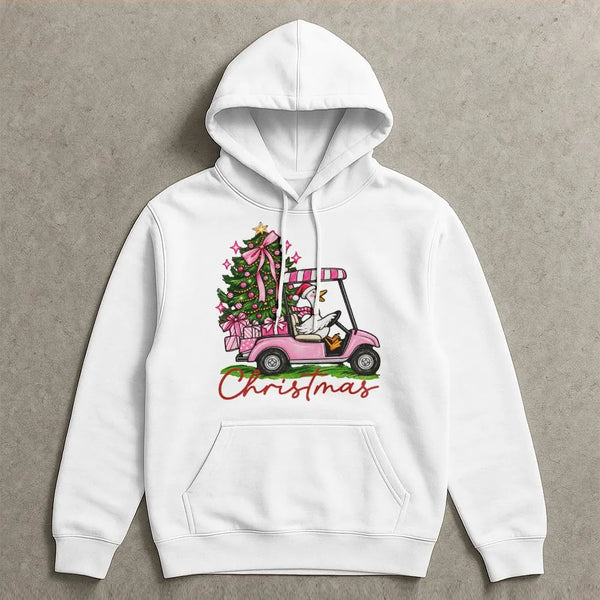 Humorous Christmas Goose Hoodie, Christmas Golf Cart Goose Hoodie, Retro Pink Christmas Tree Hoodie, Golf Cart Holiday Sweats
