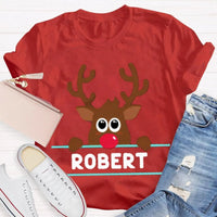 Custom Name Reindeer Holiday Graphic Tee, Personalized Christmas Elk Bow Shirt, Adorable Christmas Elk T-Shirt, Festive Winter Holiday Present