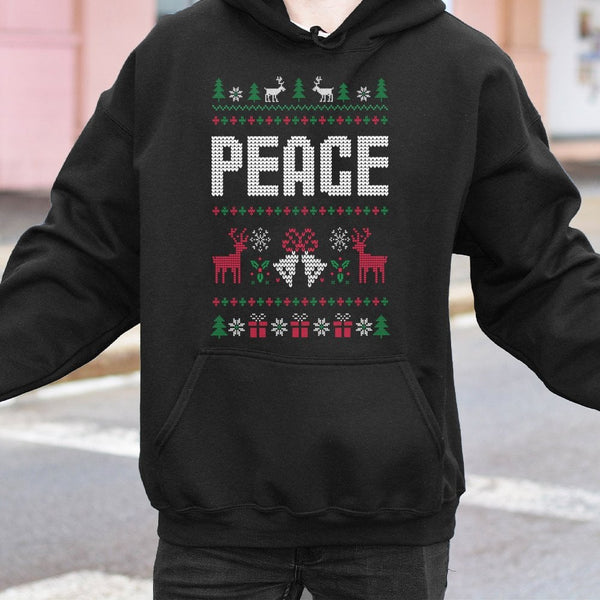 Festive Reindeer Snowflake Hooded Sweatshirt, Peace Ugly Christmas Hoodie, Retro Holiday Pattern Pullover, Matching Couple Xm