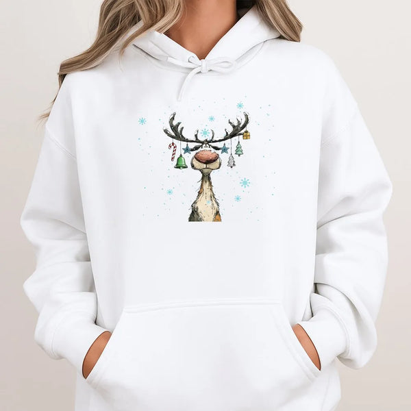 Retro Watercolor Reindeer Hooded Sweatshirt, Christmas Reindeer Hoodie, Adorable Festive Holiday Hoodie, Winter Snowflake Hoo