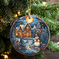 Comfy Cabin Winter Ceramic Ornament, Stained Glass Snowman Christmas Ornament, Festive Holiday Tree Ornament, Keepsake Decor, Christmas Present