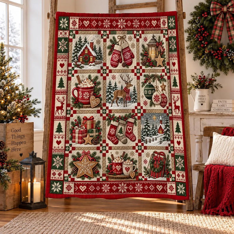 Cocoa and Mittens Holiday Throw Blanket, Christmas Patchwork Sherpa Blanket, Vintage Farmhouse Christmas Quilt Blanket