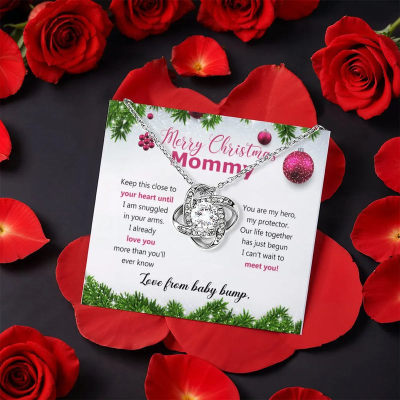 Christmas Pregnancy Announcement CZ Pendant, Mommy Love Knot Necklace, First Time Mom Jewelry from Baby Bump, Expecting Mom Present