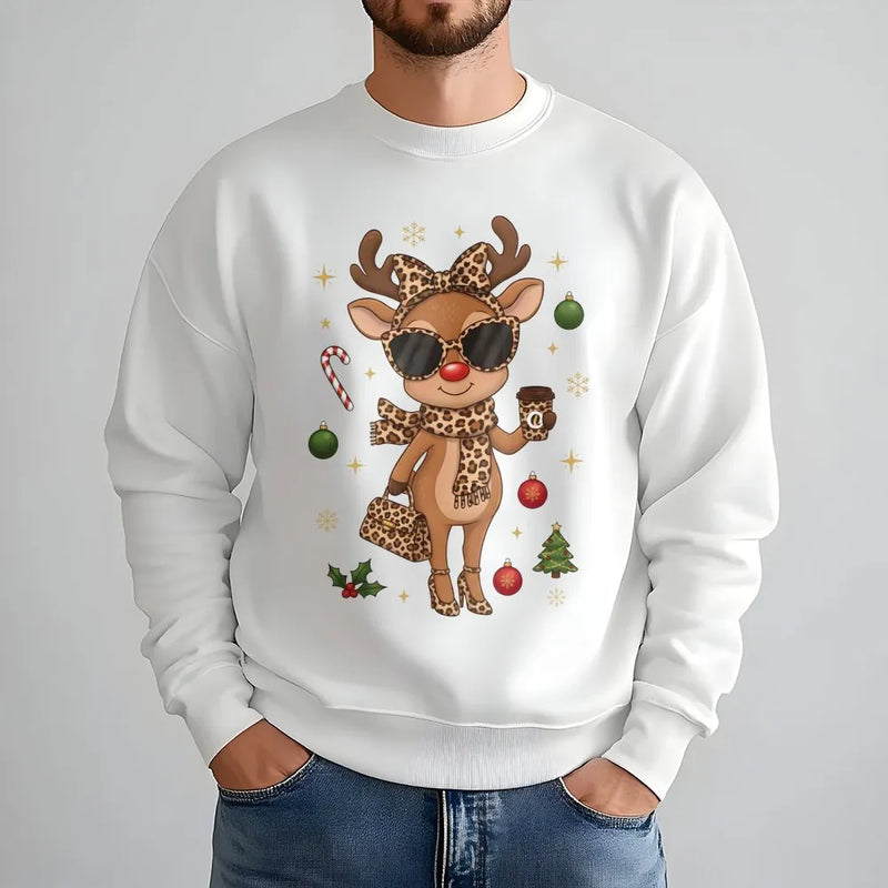 Leopard Print Reindeer Sweatshirt, Boujee Reindeer Sweatshirt, Christmas Deer Holiday Crewneck, Adorable Winter Pullover Reindeer Sweatshirt