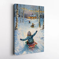 Snowy Birch Forest Landscape Print, Winter Sledding Canvas Wall Art, Holiday Christmas Scene Poster, Festive Digital Download Decor
