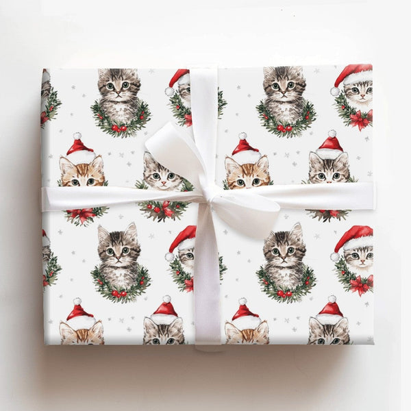 Watercolor Holiday Kitten Gift Wrap, Christmas Cats in Santa Hats Wrapping Paper, Festive Cat Lover Xmas Wrapping Paper Roll