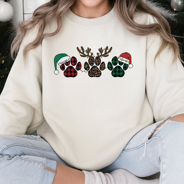 Buffalo Plaid Leopard Dog Lover Sweater, Christmas Dog Paw Sweatshirt, Santa Hat Puppy Holiday Crewneck, Winter Xmas Pullover