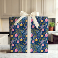 Navy Blue Christmas Gift Wrap, Pink and Gold Ornament Wrapping Paper, Watercolor Bauble Holiday Wrapping Paper, Festive Wrapping Paper