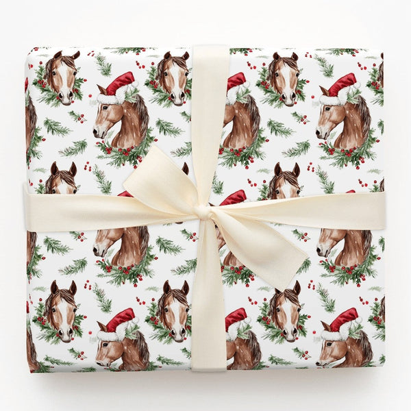 Watercolor Equestrian Gift Wrap, Christmas Horse Wrapping Paper, Santa Hat Horse Wrapping Paper, Farm Animal Christmas Wrappi