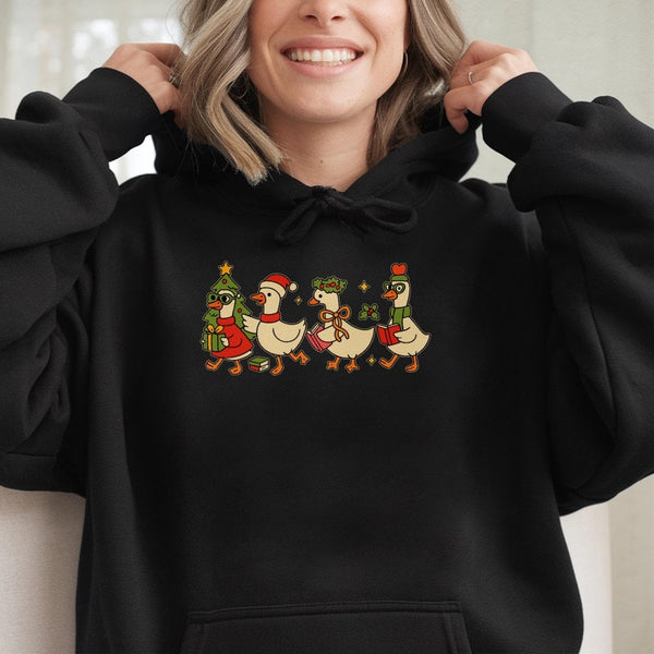 Retro Teacher Holiday Hoodie, Christmas Duck Hoodie, Humorous Winter Mallard Sweatshirt, Adorable Xmas Duck Graphic Hooded Pu