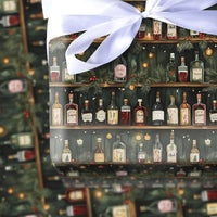 Liquor Bottle Shelves Gift Wrap, Holiday Bar Cabinet Wrapping Paper, Festive Wine Shelf Wrapping Paper, Adult Christmas Party Wrapping Paper
