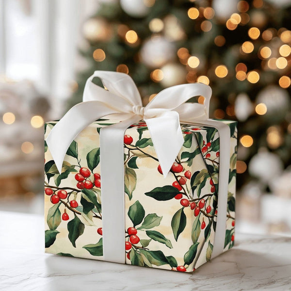 Botanical Christmas Wrapping Paper, Watercolor Holly Berry Wrapping Paper, Festive Winter Holiday Gift Wrap, Noel Present Wra