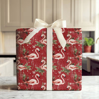 Red Snowy Flamingo Gift Wrap, Tropical Christmas Wrapping Paper, Pink Flamingo Holiday Wrapping Paper, Festive Seasonal Present Gift Wrap
