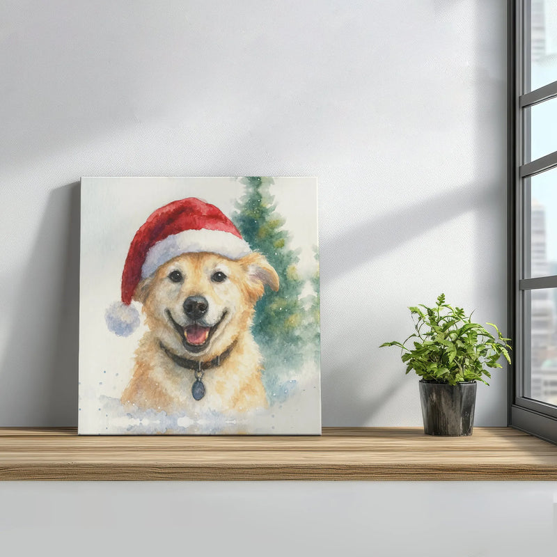 Watercolor Santa Hat Pet Portrait Poster, Golden Retriever Christmas Dog Wall Art, Snowy Holiday Art Print, Dog Mom Digital Download