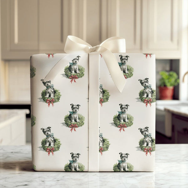 Puppy in Wreath Watercolor Gift Wrap, Schnauzer Dog Christmas Wrapping Paper, Holiday Dog Lover Wrapping Paper Roll, Xmas Pre