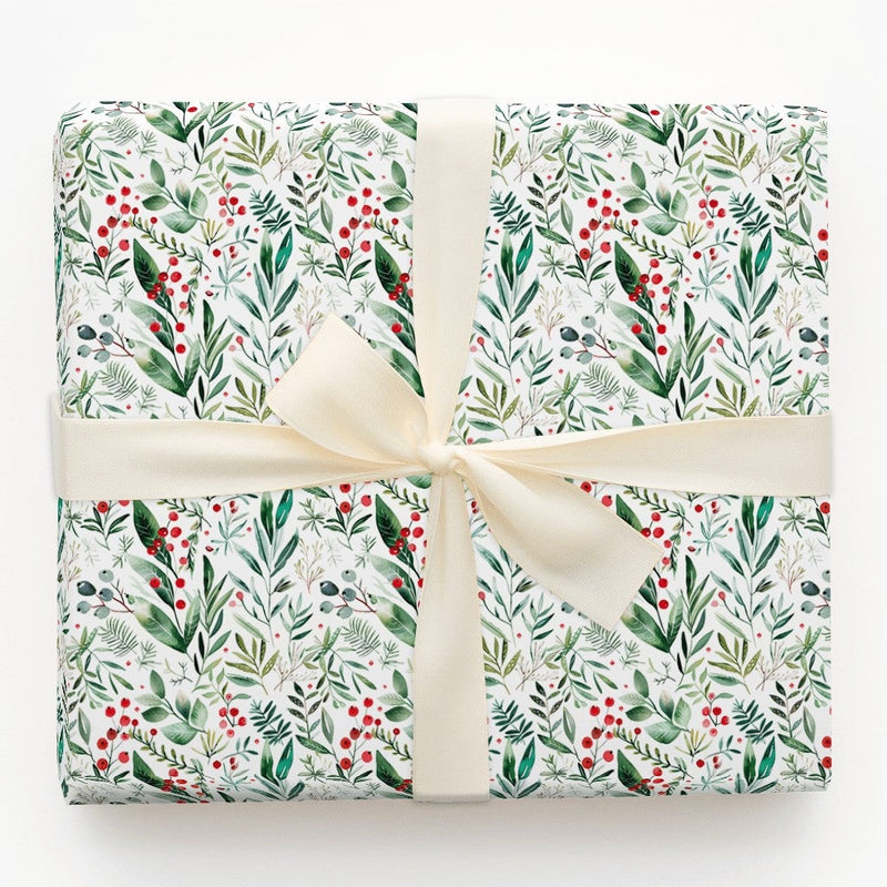 Botanical Greenery Christmas Gift Wrap, Watercolor Winter Berries Wrapping Paper, Rustic Holiday Foliage Wrapping Paper, Xmas Gift Wrap