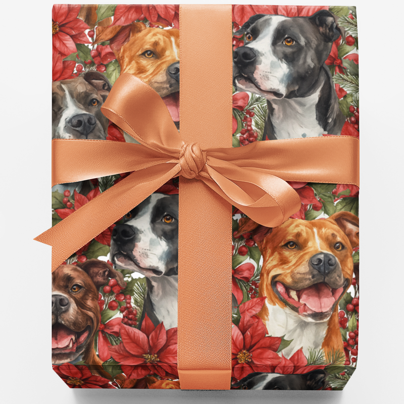 AmStaff Winter Gift Wrap, American Staffordshire Terrier Wrapping Paper, Frosted Pines Holiday Dog Paper, Dog Lover Christmas Wrapping Paper