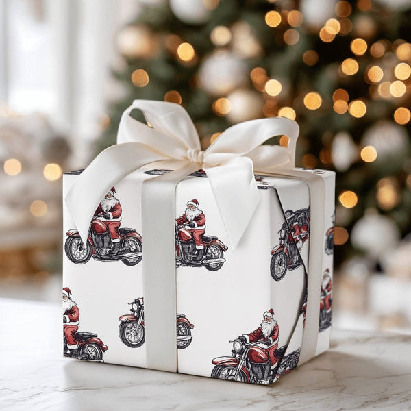 Motorcycle Santa Gift Wrap, Biker Santa Christmas Wrapping Paper, Cruiser Bike Christmas Wrapping Paper, Biker Holiday Gift W