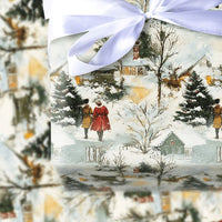 Reindeer Cabin Winter Gift Wrap, Vintage Snowy Village Christmas Wrapping Paper, Watercolor Town Holiday Wrapping Paper, Retro Gift Wrap