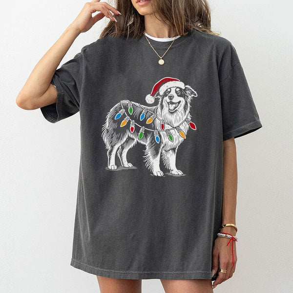 Santa Hat Aussie Dog T-Shirt, Australian Shepherd Christmas T-Shirt, Adorable Dog Lover Holiday Shirt, Festive Winter Puppy G