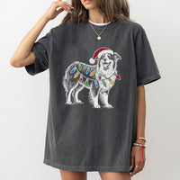 Santa Hat Aussie Dog T-Shirt, Australian Shepherd Christmas T-Shirt, Adorable Dog Lover Holiday Shirt, Festive Winter Puppy Graphic Tee