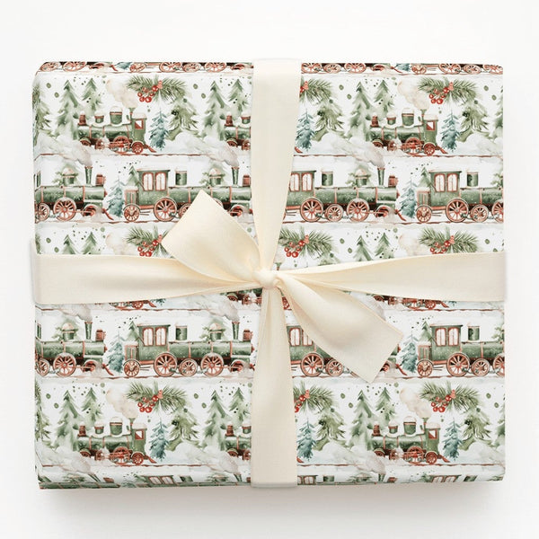 Snowy Pine Tree Holiday Gift Wrap Roll, Vintage Green Train Christmas Wrapping Paper, Retro Winter Present Paper, Kids Xmas G