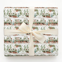 Snowy Pine Tree Holiday Gift Wrap Roll, Vintage Green Train Christmas Wrapping Paper, Retro Winter Present Paper, Kids Xmas Gift Wrap