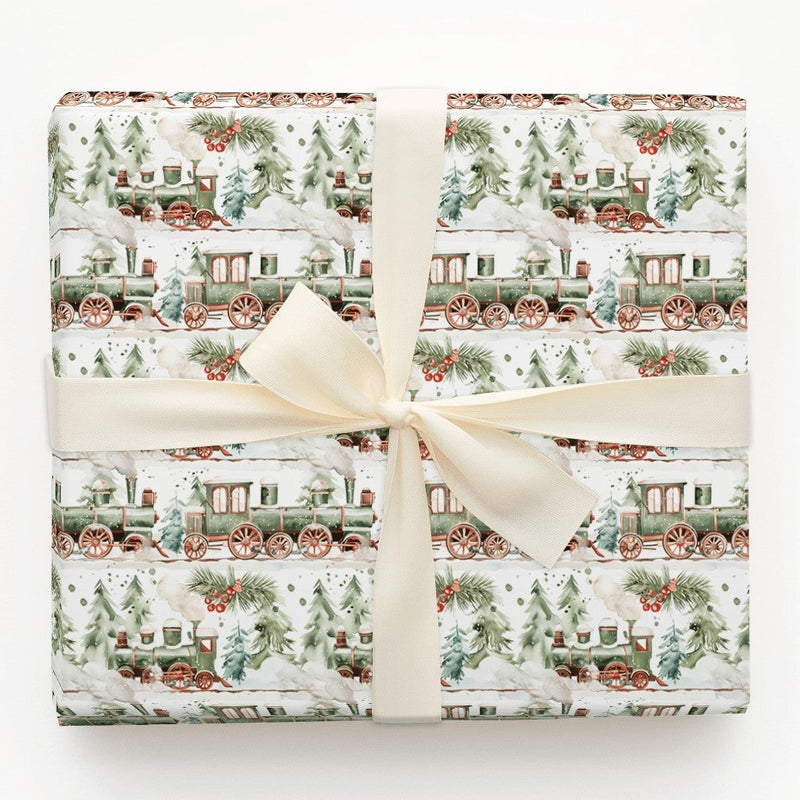Snowy Pine Tree Holiday Gift Wrap Roll, Vintage Green Train Christmas Wrapping Paper, Retro Winter Present Paper, Kids Xmas Gift Wrap