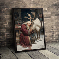 Whimsical Christmas Canvas Print, Vintage Santa and Reindeer Canvas Wall Art, Holiday Santa Claus Wall Art, Christmas Home Decor Present