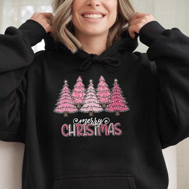 Merry Christmas Leopard Pattern Hoodie, Pink Leopard Christmas Tree Hoodie, Trendy Holiday Sweatshirt, Girly Adorable Xmas Pullover Present