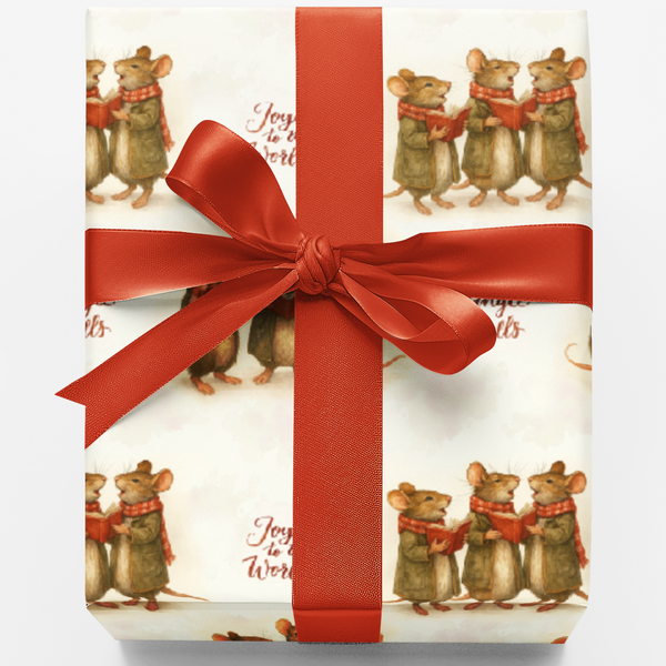 Joy to the World Holiday Gift Wrap, Christmas Mice Wrapping Paper, Adorable Watercolor Mice Gift Wrap Roll, Festive Xmas Wrap