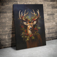 Christmas Deer Canvas Print, Majestic Stag Holly Wreath Canvas Art, Rustic Woodland Canvas Wall Decor, Holiday Cabin Decor, Lodge Present