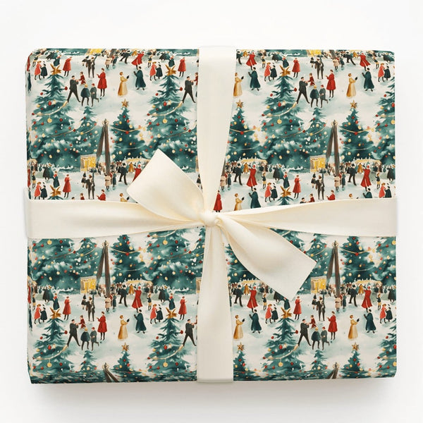 Watercolor Ice Skating Gift Wrap, Vintage Christmas Village Wrapping Paper, Nostalgic Town Wrapping Paper Roll, Holiday Prese