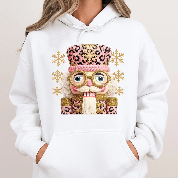 Adorable Holiday Graphic Hoodie, Pink Leopard Nutcracker Christmas Hoodie, Preppy Winter Ballet Hooded Sweatshirt, Comfy Xmas