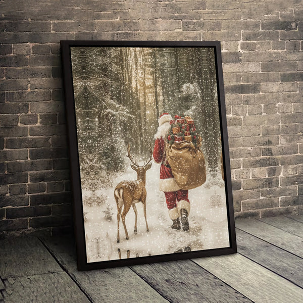 Snowy Winter Forest Canvas Print, Santa Claus and Reindeer Canvas Wall Art, Vintage Holiday Canvas Decor, Christmas Wall Art,