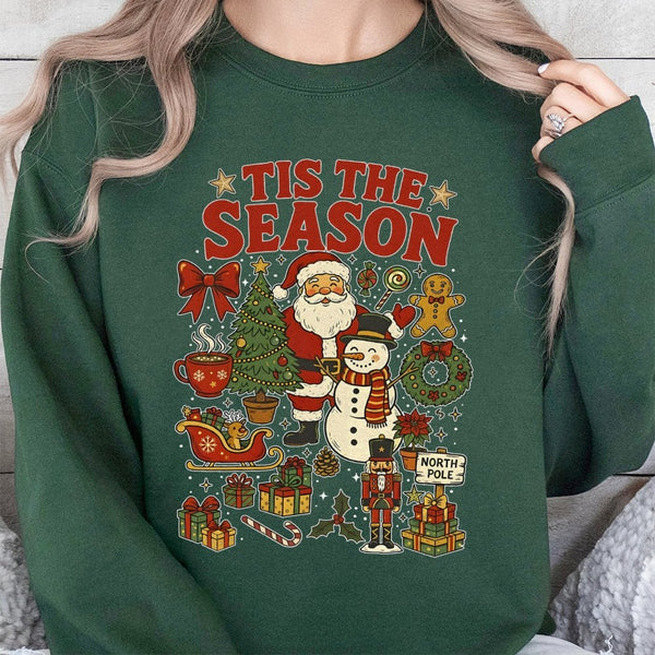 Vintage Santa and Snowman Sweatshirt, Tis the Season Christmas Sweatshirt, Retro Holiday Season Sweater, Nostalgic Xmas Crewn