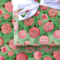 Pink Red Christmas Wrapping Paper, Watercolor Ornament Wrapping Paper, Vintage Bauble Holiday Gift Wrap, Festive Green Paper, Present Wrap
