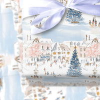 Town Square Christmas Gift Wrap, European Winter Village Wrapping Paper, Watercolor Holiday Wrapping Paper, Snowy Festive Wrapping Paper