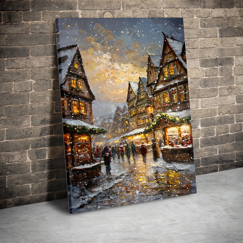 Snowy European Village Canvas Art, Christmas Market Canvas Print, Winter Oil Painting Canvas, Festive Holiday Wall Art, Seasonal Xmas Present