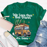Custom Name Bus Driver Shirt, Personalized School Bus Christmas Tree T-Shirt, Holiday School Bus Tee, Christmas Tree Graphic Teacher Shirt