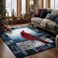 Red Winter Bird Floor Rug, Snowy Cardinal Area Rug, Christmas Cardinal Bird Rug, Seasonal Flannel Home Decor Rug, Holiday Housewarming Present