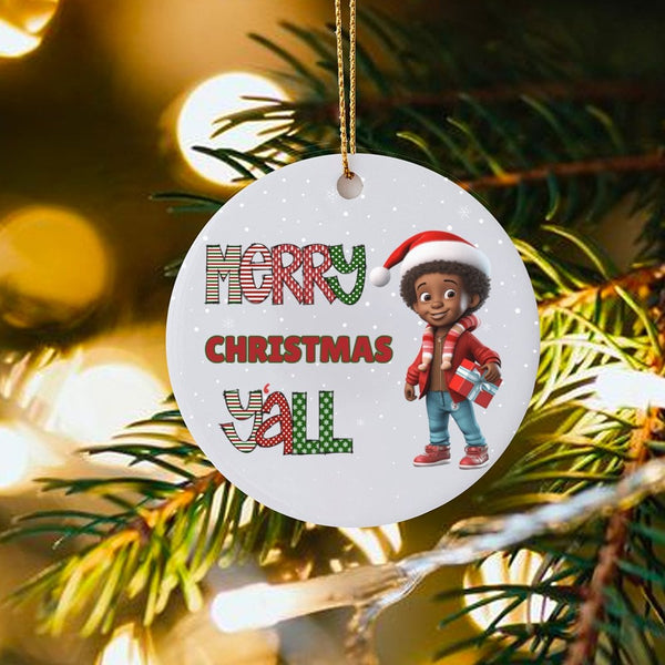 Adorable Black Boy Holiday Tree Ornament, Merry Christmas Y'all Ceramic Ornament, Festive Southern Christmas Ornament, Holida
