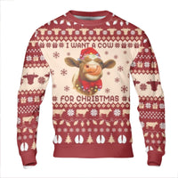 Highland Cow Santa Hat Sweater, I Want a Cow for Christmas Sweatshirt, Adorable Farm Animal Holiday Pullover, Festive Winter Crewneck, Xmas Present