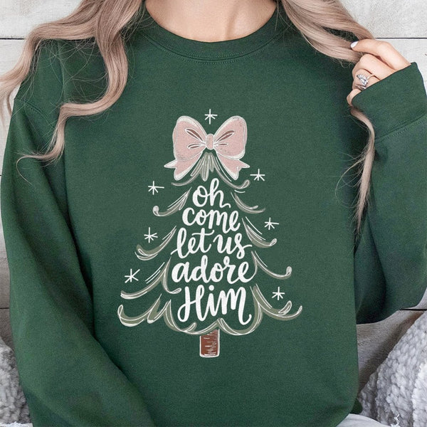 Christian Christmas Tree Sweatshirt, Oh Come Let Us Adore Him Sweatshirt, Aesthetic Faith Holiday Sweater, Religious Xmas Cre