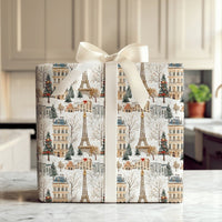 Snowy Eiffel Tower Gift Wrap, Paris Christmas Wrapping Paper, French Cityscape Wrapping Paper, Holiday Travel Present Paper Roll
