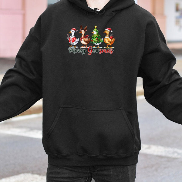 Humorous Christmas Goose Sweatshirt, Merry Goosmas Hoodie, Adorable Farm Animal Hooded Pullover, Holiday Bird Sweater, Xmas P