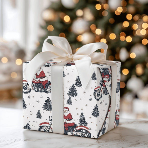 Pine Tree Biker Santa Gift Wrap, Red Motorcycle Santa Wrapping Paper, Festive Motorcycle Christmas Wrapping Paper, Biker Gift