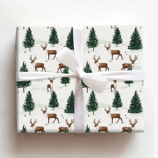 Winter Pine Tree Gift Wrap, Woodland Reindeer Christmas Wrapping Paper, Rustic Reindeer Wrapping Paper Roll, Forest Holiday W