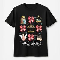 True Story Luke 2 1-20 Nativity Shirt, Nativity Scene Christmas T-Shirt, Christian Holiday Coquette Bow Tee, Religious Nativity Graphic Tee